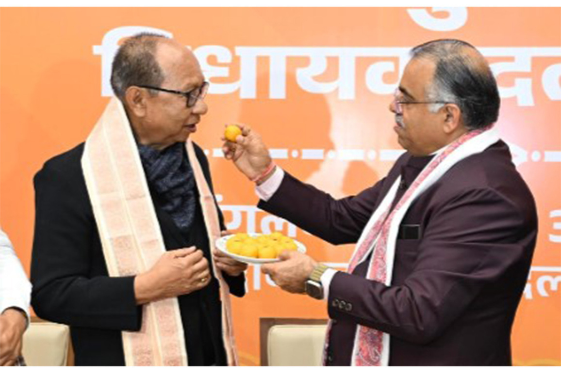 BJP National General Secretary Tarun Chugh congratulates newly-elected Manipur Legislature Party leader Yumnam Khemchand Singh
