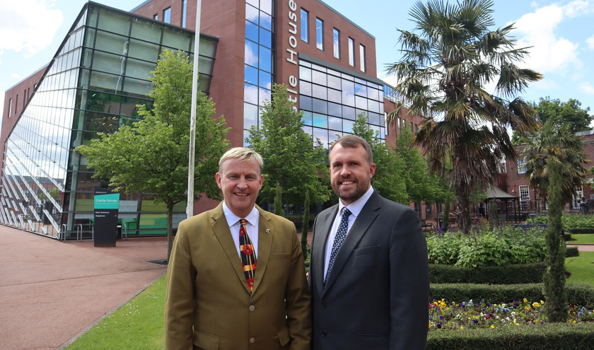 Leader Cllr Jonathan Gullis (r) and deputy leader Graham Shaw (c) Newcastle-under-Lyme BC