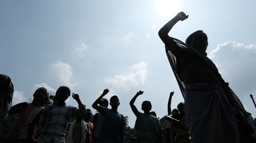 Protest against stone mining in Kasipur, India in 2023. 