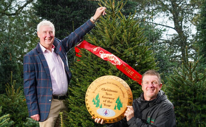 Yorkshire Vet star Peter Wright with Stuart Kirkup from Dartmoor Christmas Tree Farm - who won Christmas Tree Grower of the Year