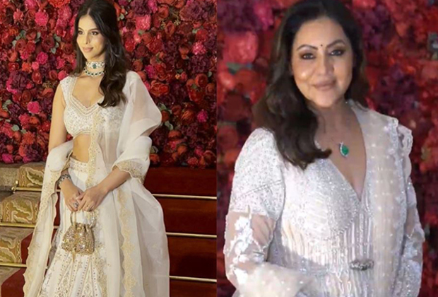 Suhana twins with mother Gauri Khan in ivory outfits at Aadar Jain-Alekha Advani wedding