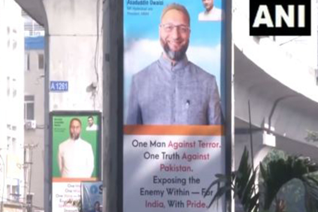 Posters of Owaisi with slogans "one man against terror" seen in Hyderabad after All-Party Delegation visit