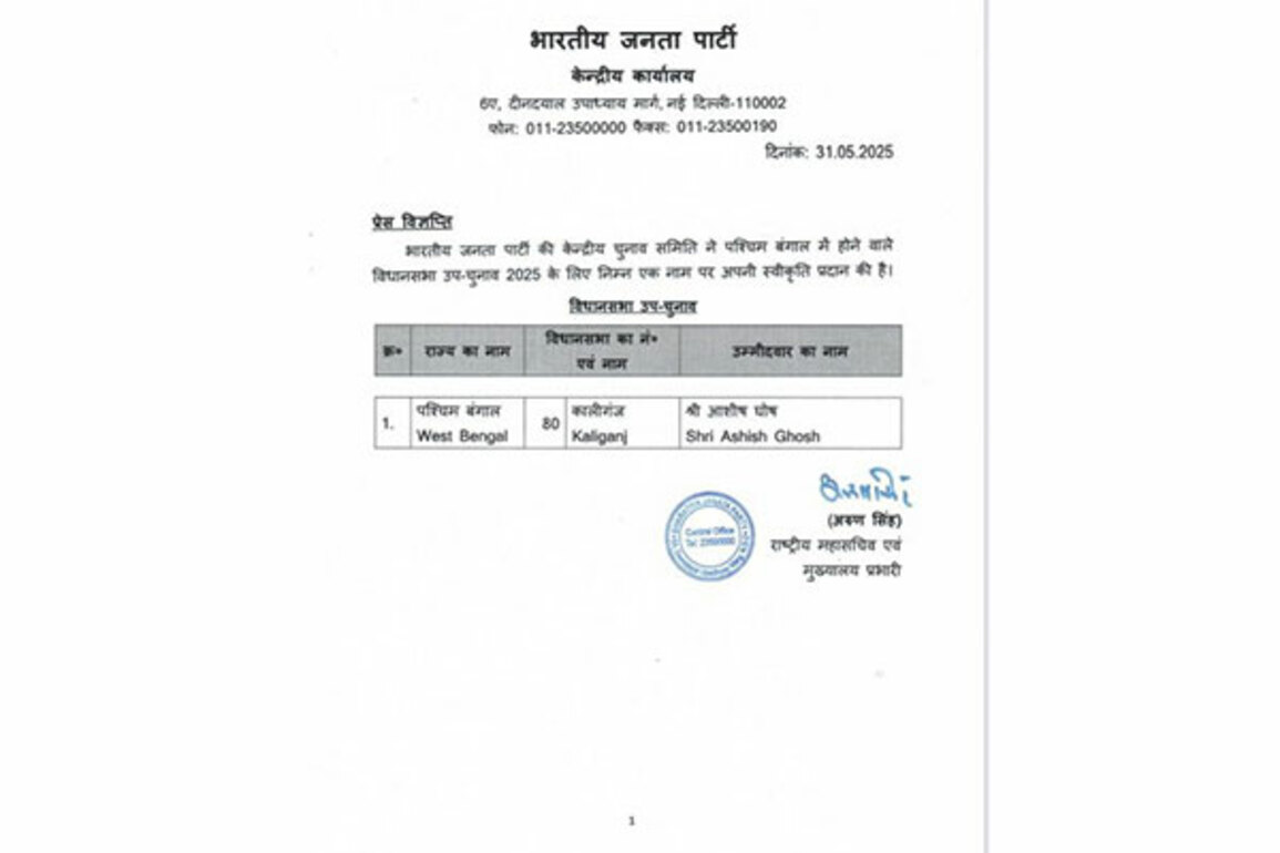 West Bengal: BJP announces Ashish Goyal as party candidate for Kaliganj constituency bypoll