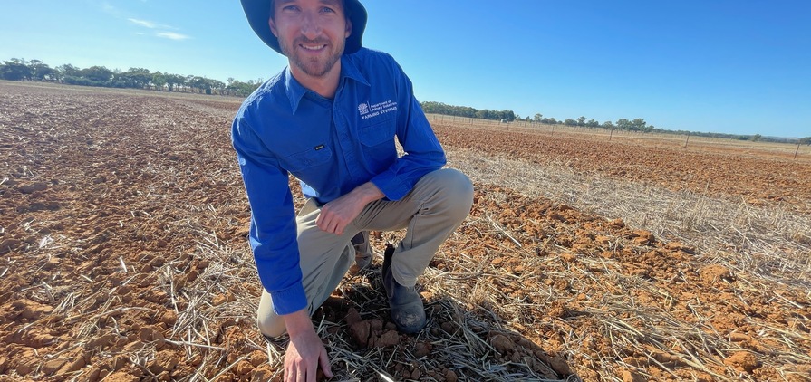 NSW DPI research agronomist Mathew Dunn at the Wagga Wagga, NSW, research farm, during a field day in early February. Photo: Mark Saunders.