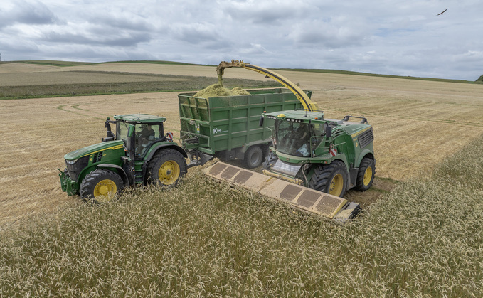 A fleet of three 970hp JD 9900i forager harvesters are tasked with clearing a 4,500-acre whole-crop workload in just three weeks.