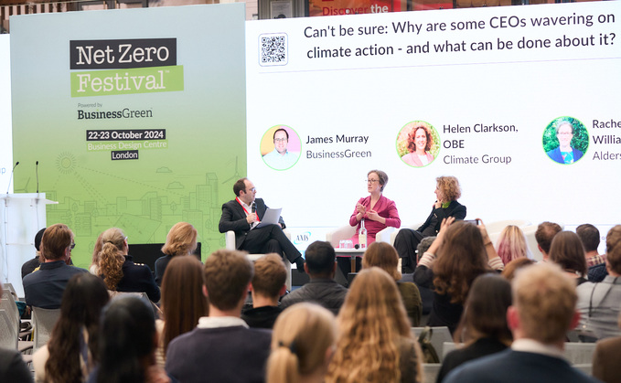 BusinessGreen editor in chief James Murray with Aldersgate Group's Rachel Solomon Williams and Climate Group CEO Helen Clarkson | Credit: Incisive Media