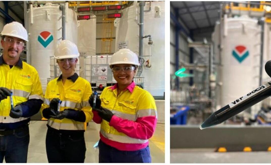 Ben Davis and Haley Knighten Criss (USV) and Flormirza Cabalteja (AVL) with first vanadium electrolyte samples.