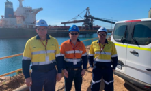 Macarthur Minerals and RCR MT representatives at the Port of Esperance. L to R RCR MT business development manager Neville Kelly, Macarthur Minerals general manager projects Dr Dean Carter and RCR MT lead designer Michael Read.