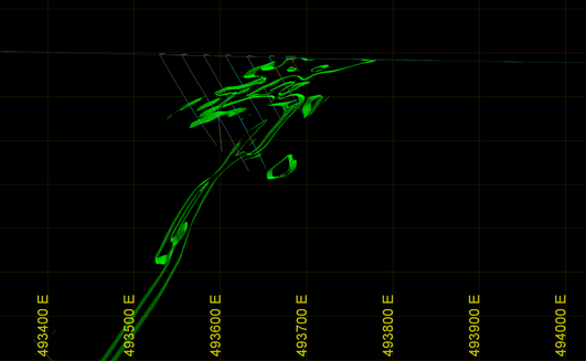 Cross-section view of the 1000ppm copper indicator model created by DomainMCF showing untested potential extensions at depth. Credit: Maptek