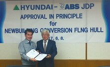  Korea ABS’ Myung-Jae Joo presented Jae-Eul Kim with a certificate acknowledging AIP of the new-build conversion FLNG hull design last week.