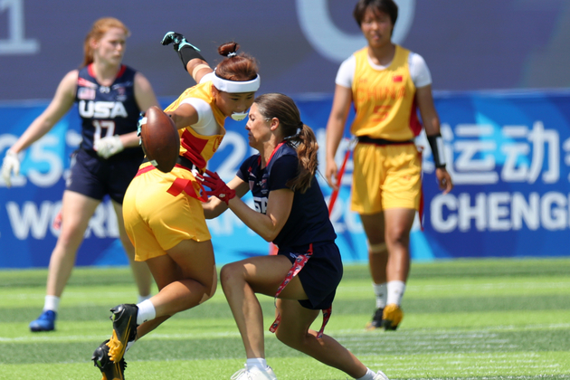(SP)CHINA-CHENGDU-THE WORLD GAMES 2025-FLAG FOOTBALL-WOMEN-PRELIMINARY ROUND-CHN VS USA (CN)