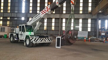 The completed gas transport fan assembly being transported for installation.