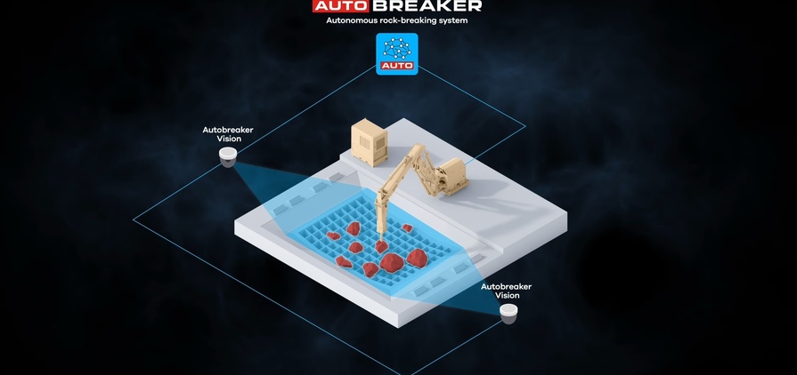The Xrock Autobreaker system automatically identifies oversized boulders, plans strike positions and executes breakage sequences autonomously