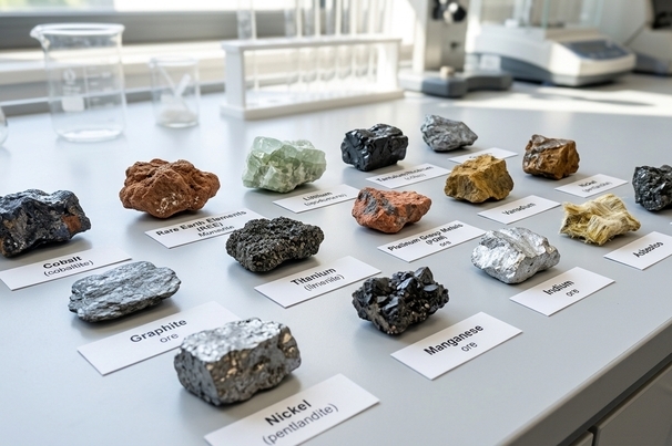 Amostras minerais críticos estratégicos níquel grafita terras raras cobre lítio