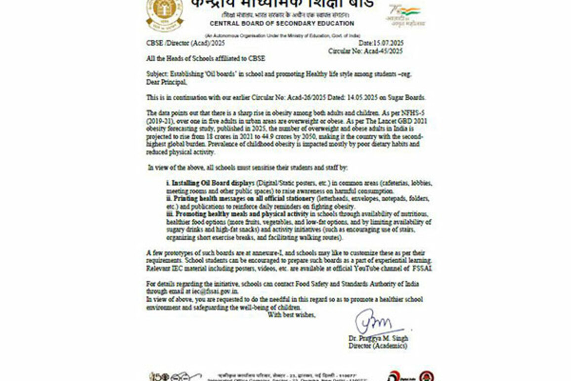 CBSE Director writes to all school heads to establish 'Oil boards' and promote a healthy lifestyle among students