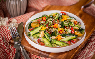 Herbed Persian cucumber salad with heirloom tomatoes and roasted garlic as part of the plant-based menu in Stanford Dinning / Credit: Keith Uyeda, Stanford Residential and Dining Enterprise