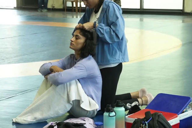 Wrestler Vinesh Phogat arrives at Delhi's IG Stadium to participate in selection trials for Asian Games