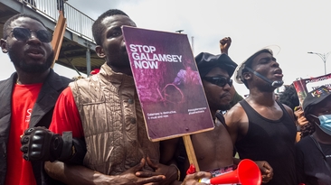  Ghanaians march in protest against illegal gold mining and unlawful arrests on 5 October 2024. Photo: Delali Adogla-Bessa / Shutterstock