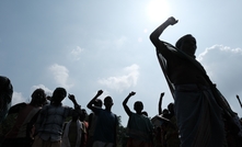 Protest against stone mining in Kasipur, India in 2023. 