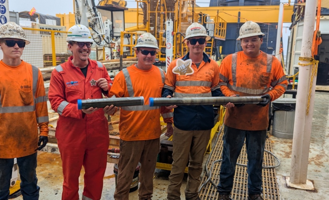 The final core from the final hole with (l to r) Chris Redding, co-chief scientist Brandon Dugan, Chandler Maine, Nick Boehne and Lalo Aguilar