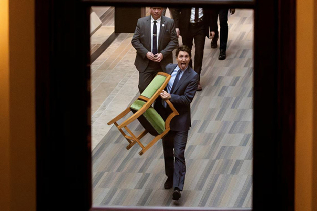 A tongue-in-cheek farewell: Justin Trudeau exits Parliament with chair in hand
