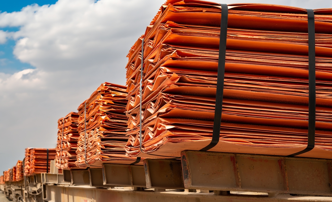 Copper cathodes loaded on a train in a copper mine ready to be delivered, Chile