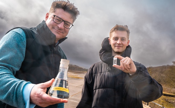 Credit: Weardale Lithium CEO Steward Dickson and Watercycle Technologies' Seb Leaper with lithium carbonate | Credit: Weardale Technologies