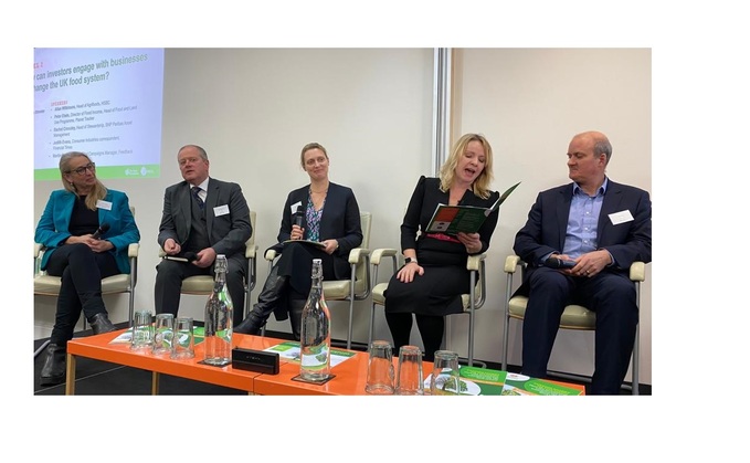 Panellists at Britain’s first food industry investor summit. Left to right: Rachel Crossley, Head of Stewardship, BNP Paribas Asset Management; Allan Wilkinson, Head of Agrifoods, HSBC; Judith Evans, consumer industries correspondent, Financial Times; Susannah Street, broadcaster and commentator (event host); Peter Elwin, Director of Fixed Income, Head of Food and Land Use Programme, Planet Tracker