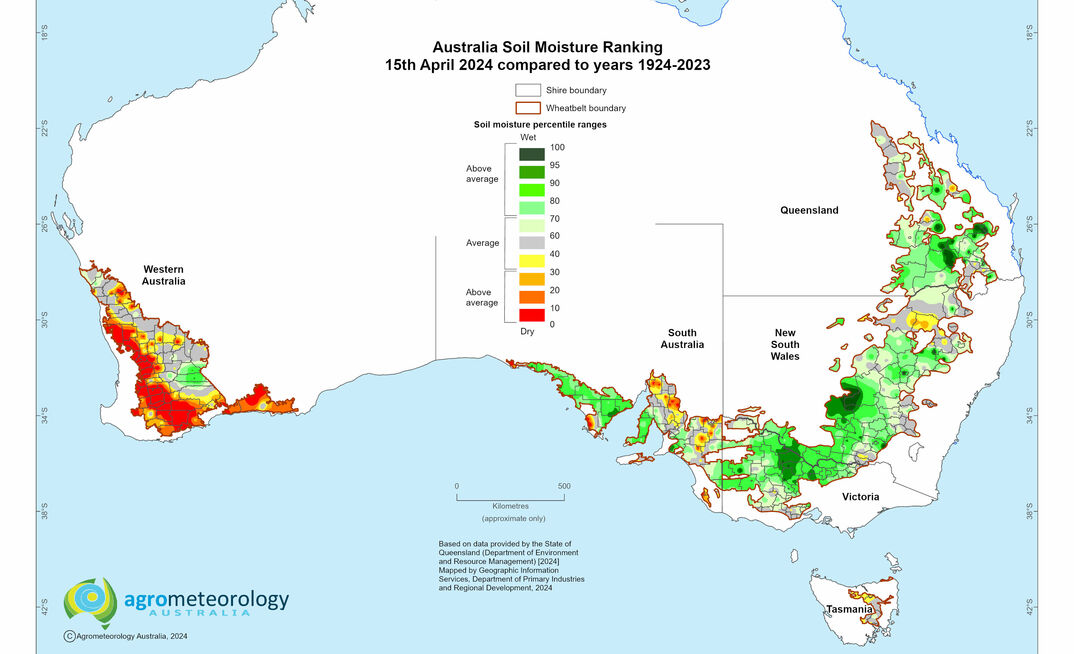 Soil moisture ranking map, 17 April 2024 (based on data starting from October 2023). Produced by Dr David Stephens, Agrometeorology Australia 