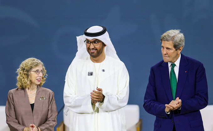 UNEP’s Inger Andersen, COP28 President Sultan Al Jaber, and US Climate Envoy John Kerry | Credit: COP28 / Christopher Pike