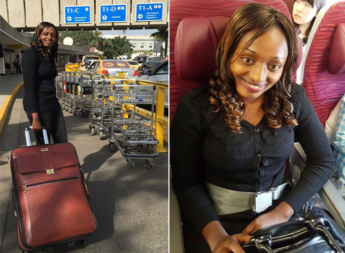 evelyn at pictured at omo enyatta irport on onday  as she departed for hina and after shed taken her seat on the plane ourtesy hoto 