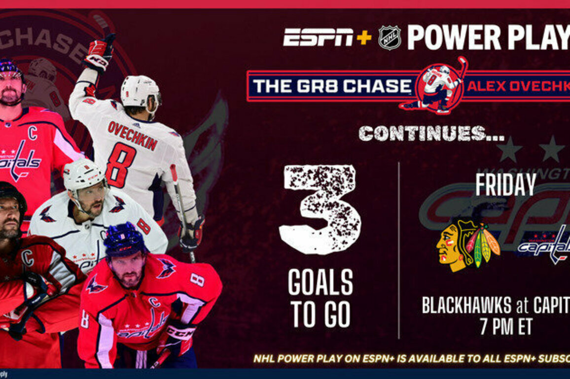 The GR8 Chase Continues Tonight with Alex Ovechkin and the Washington Capitals Hosting the Chicago Blackhawks at 7 p.m. ET on ESPN+ NHL Power Play