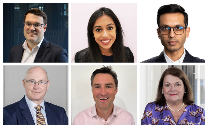 (Top row L-R): Ben Roe, Kinna Patel and Rahil Ram (Bottom row L-R:) John Chilman, Nick Stacey and Denise Le Gal (Top row L-R): Ben Roe, Kinna Patel and Rahil Ram (Bottom row L-R:) John Chilman, Nick Stacey and Denise Le Gal