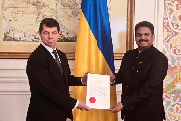 India's ambassador-designate to Ukraine Anjani Kumar presents his 'Letter of Credence' copy to Deputy FM Mischenko