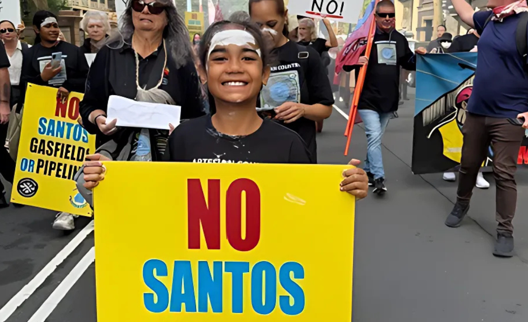 A group of First Nations supporters marched on the NSW parliament house today to express their opposition to Santos' plans