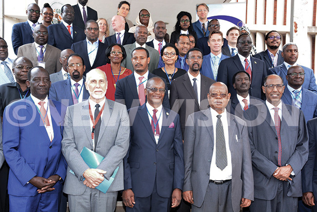  he ntergovernmental uthority on evelopments  chairperson oang utlam left  uropean nions  representative mbassador ttilio acifici secondleft hilemon ateke secondright the state minister for foreign affairs regional cooperation with other delegates at the opening of the  peertopeer workshop on anuary 24 2019 he twoday workshop at heraton ampala otel is expected to reflect on  and  regions and share recent mediation processes by mediators hoto by imothy urungi