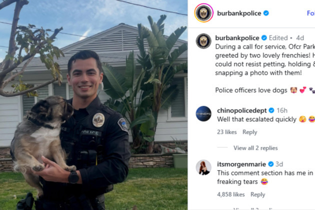 Burbank Police Department's social media post of officer holding dog goes viral