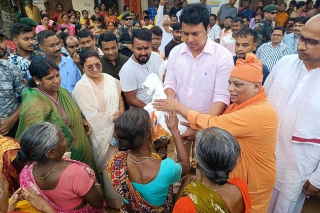 Tripura: BJP MP Biplab Deb visits flood-hit areas near Agartala, praises relief efforts