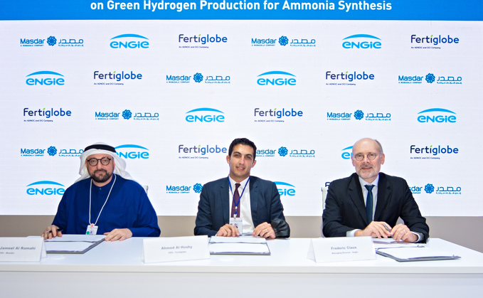 (L-R) Masdar CEO Mohamed Jameel Al Ramahi, Fertiglobe CEO Ahmed El-Hoshy, and Engie's MD for thermal and supply AMEA Frederic Claux |Credit: Masdar