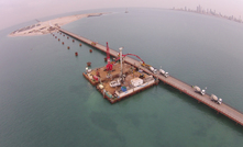  An aerial view of the Trevi piling rigs at work on the Sheikh Jaber Al-Ahmad Al-Sabah Causeway