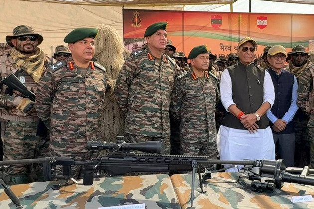 Rajnath Singh interacts with newly formed Bhairav Battalion at Longewala Battlefield