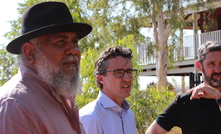 Michael Woodley (left) and Rio Tinto Iron Ore CEO Simon Trott in Roebourne in October 2023. Photo: Karma Barndon