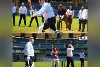 NZ PM Luxon plays cricket with spinner Ajaz Patel at Wankhede Stadium