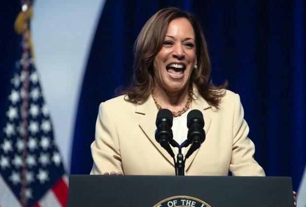 Harris makes gun joke in front of school shooting victim