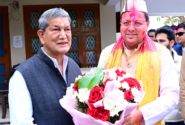 Holi camaraderie: Uttarakhand CM Pushkar Dhami meets senior Congress leader Harish Rawat