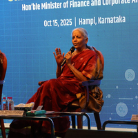 Union Finance Minister Nirmala Sitharaman interacts with interns of the Prime Minister Internship Scheme in Karnataka