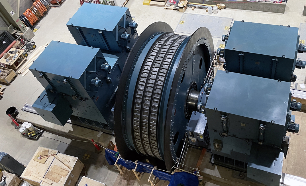 One of the ABB friction hoists being installed on site