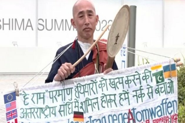 Buddhist Monk holds protest outside G7 International Media Centre in Hiroshima, calls for shunning use of nuclear weapons