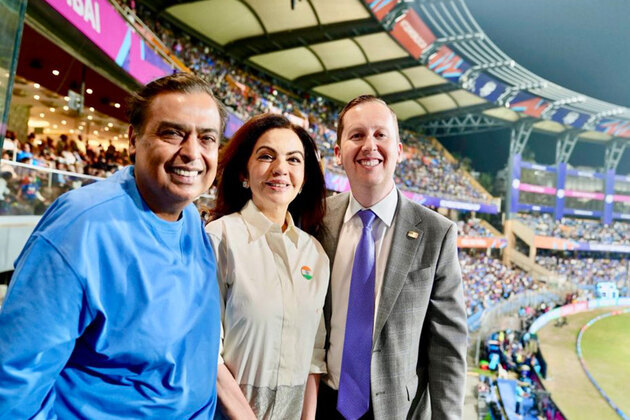 US Ambassador Sergio Gor meet Mukesh Ambani, Nita Ambani at India-US T20 WC clash