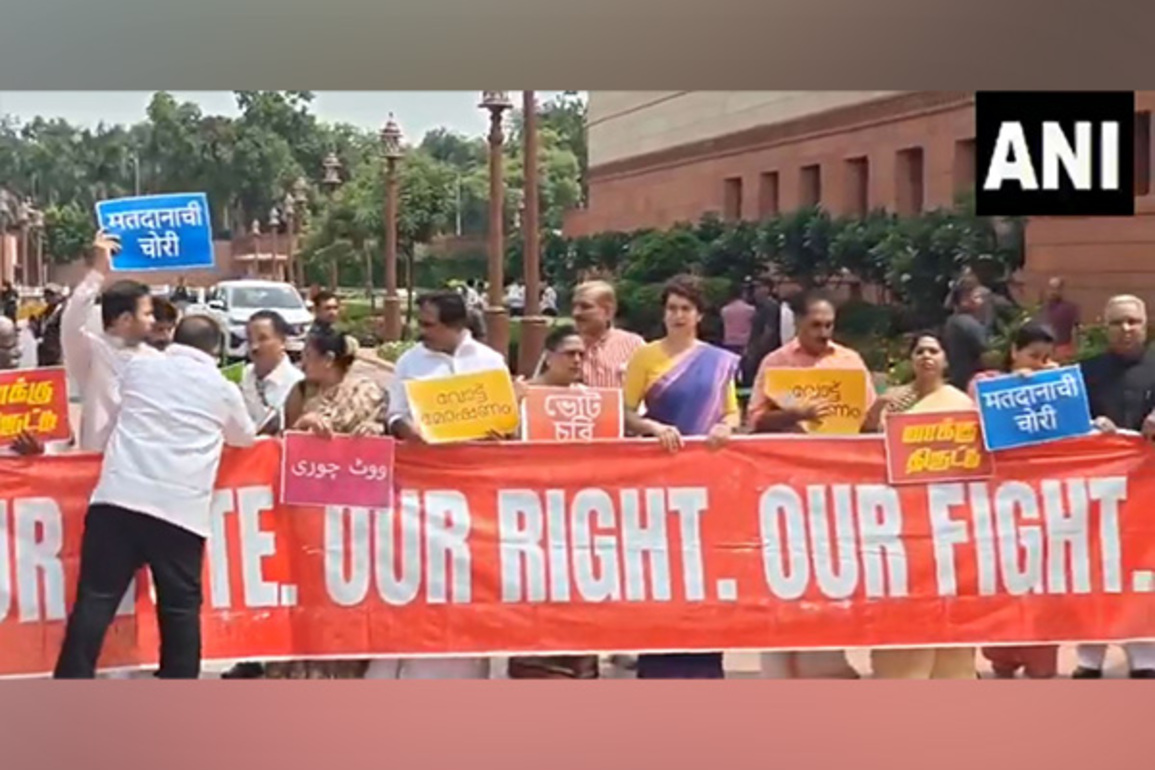 INDIA bloc MPs protest over Bihar SIR in Parliament premises